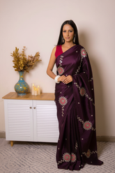 Elegant Satin Saree with Pita work — deep_purple - 1