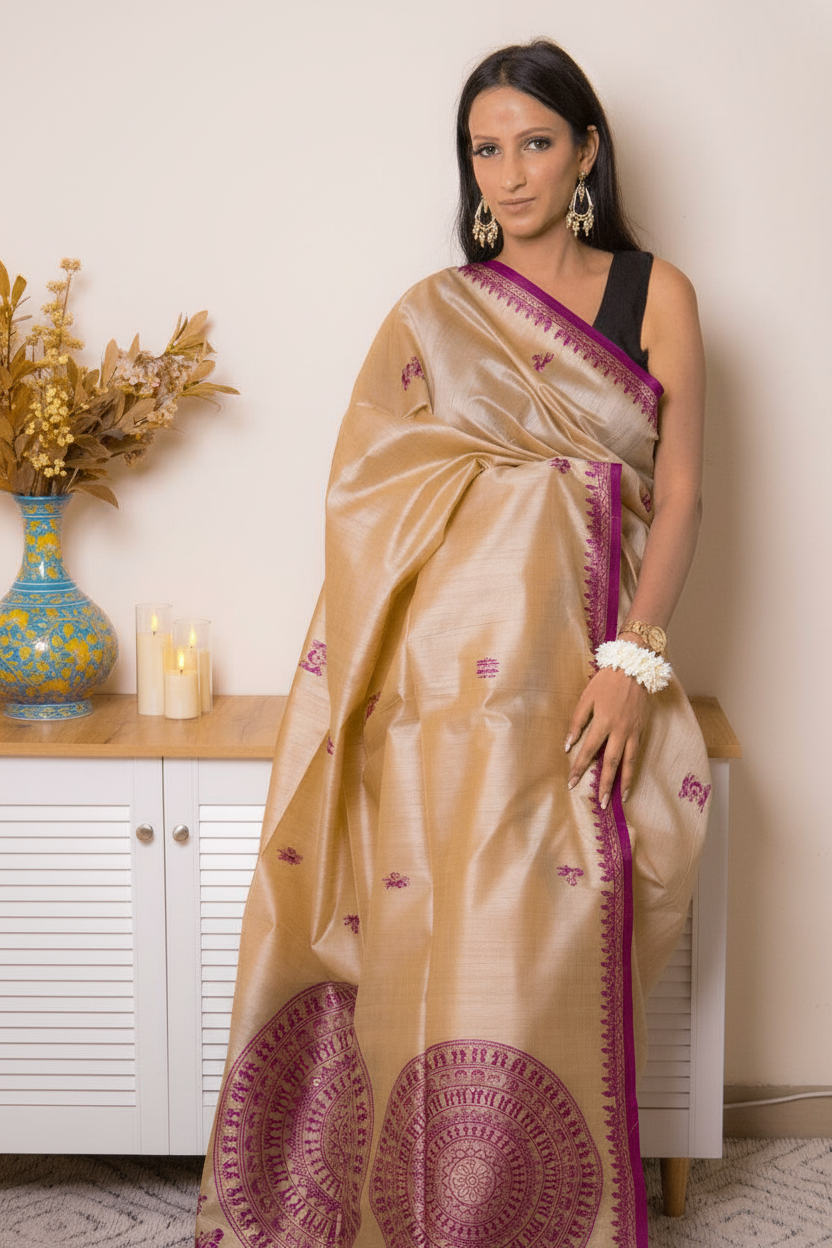 Elegant Worli Art Tussar Silk Saree — magenta - 2