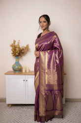 Teal-Gold Paithani Silk Saree with Zari Brocade — purple - 2