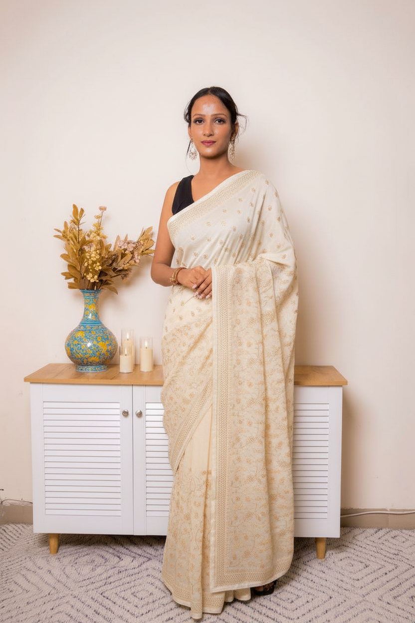 Wine Embroidered Georgette Saree with tiny flower Buti and swarovski — ivory - 2