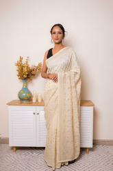 Wine Embroidered Georgette Saree with tiny flower Buti and swarovski — ivory - 2