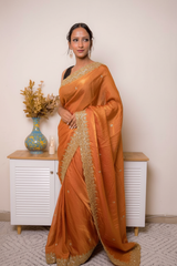 Pink-Copper Crush Tissue Silk Saree with Embroidered Border — burnt_orange - 2