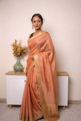 Deep Peach Crush Tissue Silk Saree Gold Paisley Border (VS-YKS775) - 2