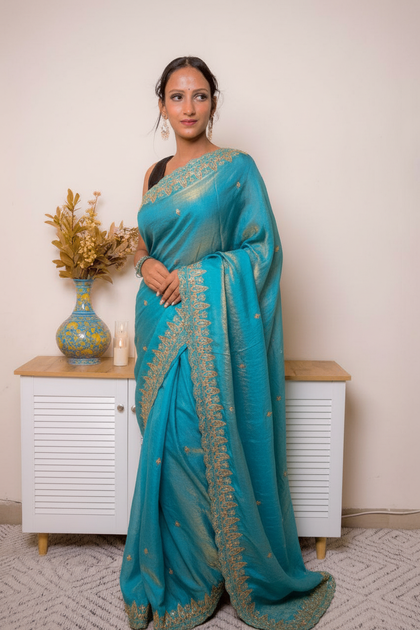 Pink-Copper Crush Tissue Silk Saree with Embroidered Border — blue - 2