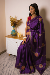 Elegant Satin Saree with Pita work — deep_purple - 2