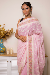 Lilac Lucknawi Chikankari Georgette Saree — baby-pink - 2