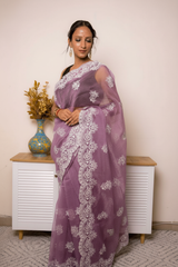 Mustard Lucknowi Chikankari Tissue Silk Saree — plum-lilac - 2