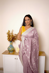 Lucknawi Chikankari Tissue Silk Saree in Radiant Yellow — Plum-lilac - 2