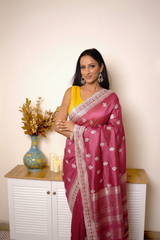 Lucknawi Chikankari Tissue Silk Saree in Radiant Yellow — Deep-rose - 2