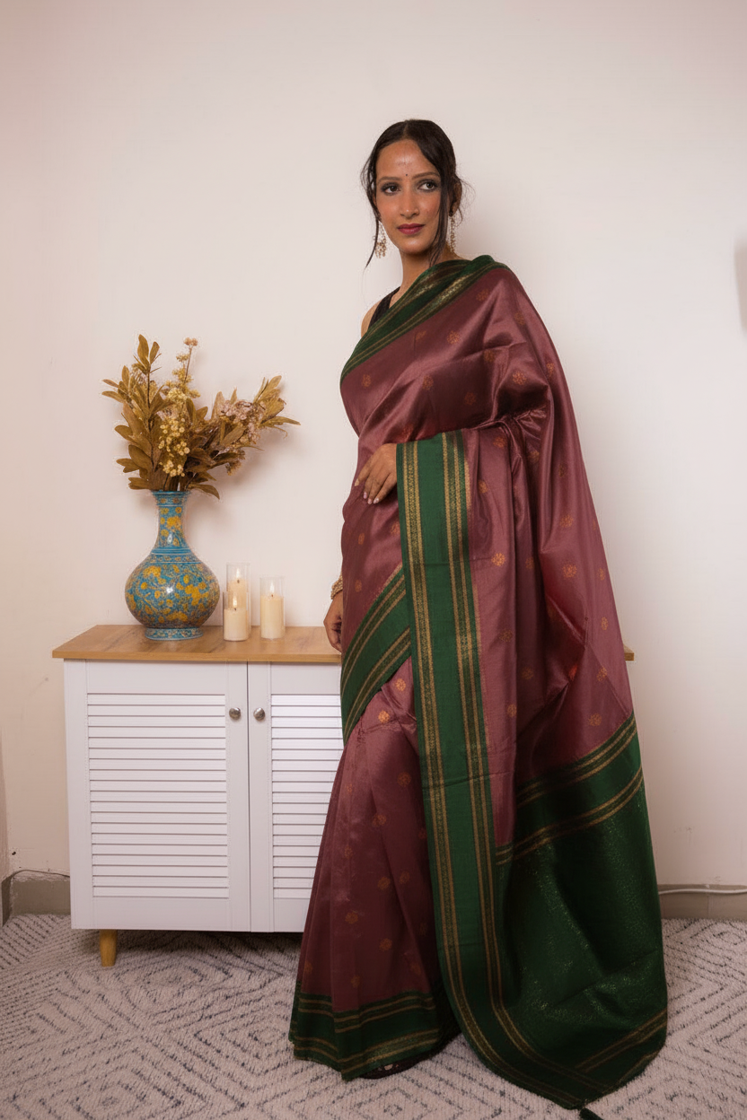 Rose-Lilac Paithani Silk Saree with Red Zari Border — violet_green - 2