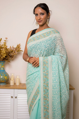 Lilac Lucknawi Chikankari Georgette Saree — pastel-aqua-blue - 2