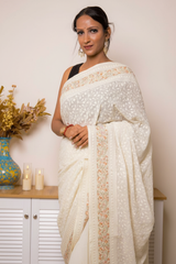 Lilac Lucknawi Chikankari Georgette Saree — ivory - 2