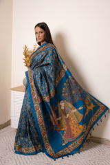Elegant Madhubani Tussar Silk Saree — peacock blue - 3