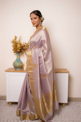 Lavender Muted Lilac Tissue Silk Saree With Gold Paisley Border (VS-YKS775) - 3