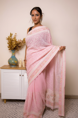 Lilac Lucknawi Chikankari Georgette Saree — baby-pink - 3