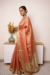 Deep Peach Crush Tissue Silk Saree Gold Paisley Border (VS-YKS775) - 3