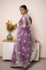 Mustard Lucknowi Chikankari Tissue Silk Saree — plum-lilac - 3