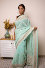 Lilac Lucknawi Chikankari Georgette Saree — pastel-aqua-blue - 3