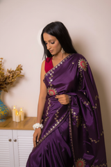 Elegant Satin Saree with Pita work — deep_purple - 3