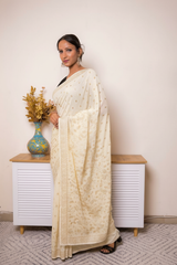 Wine Embroidered Georgette Saree with tiny flower Buti and swarovski — ivory - 3