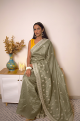 Lucknawi Chikankari Tissue Silk Saree in Radiant Yellow — muted-olive-gray-tone - 3
