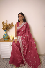 Lucknawi Chikankari Tissue Silk Saree in Radiant Yellow — Deep-rose - 3