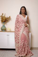 Lucknawi Chikankari Georgette Saree in Sky Blue — dusty-rose-pink - 3