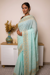 Lilac Lucknawi Chikankari Georgette Saree — pastel-aqua-blue - 4