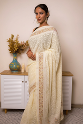 Lilac Lucknawi Chikankari Georgette Saree — ivory - 4