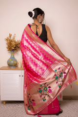 Fuchsia Paithani Silk Saree with Gold Zari & Floral Pallu — rich_pink - 4