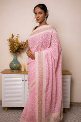 Lilac Lucknawi Chikankari Georgette Saree — baby-pink - 4