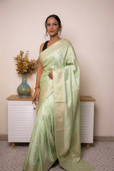 Peach Banarasi Silk Saree with Gold Zari Border, all over Buti with swarovski — pistachio_green - 4
