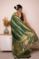 Fuchsia Paithani Silk Saree with Gold Zari & Floral Pallu — dark_bottle_green - 4