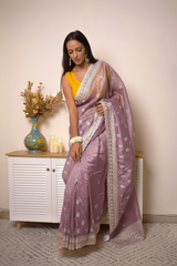 Lucknawi Chikankari Tissue Silk Saree in Radiant Yellow — Plum-lilac - 4