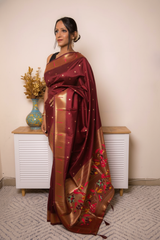 Sage Green Paithani Silk Saree with Gold Zari Pallu — maroon - 4