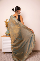 Pink-Copper Crush Tissue Silk Saree with Embroidered Border — blue_gold - 4