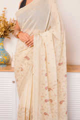 Wine Embroidered Georgette Saree with tiny flower Buti and swarovski — ivory - 4