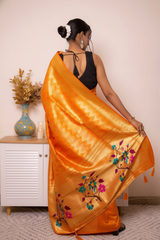 Fuchsia Paithani Silk Saree with Gold Zari & Floral Pallu — orange - 4