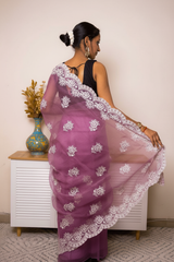 Mustard Lucknowi Chikankari Tissue Silk Saree — plum-lilac - 4