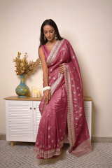 Lucknawi Chikankari Tissue Silk Saree in Radiant Yellow — Deep-rose - 4