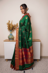 Fuchsia Paithani Silk Saree with Gold Zari Border — green_red - 5