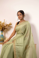 Orange Crush Tissue Silk Saree Green Gold Paisley Border (VS-YKS775) - 5