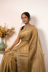 Orange Crush Tissue Silk Saree with Gold Paisley Border — golden_beige (VS-YKS775) - 5