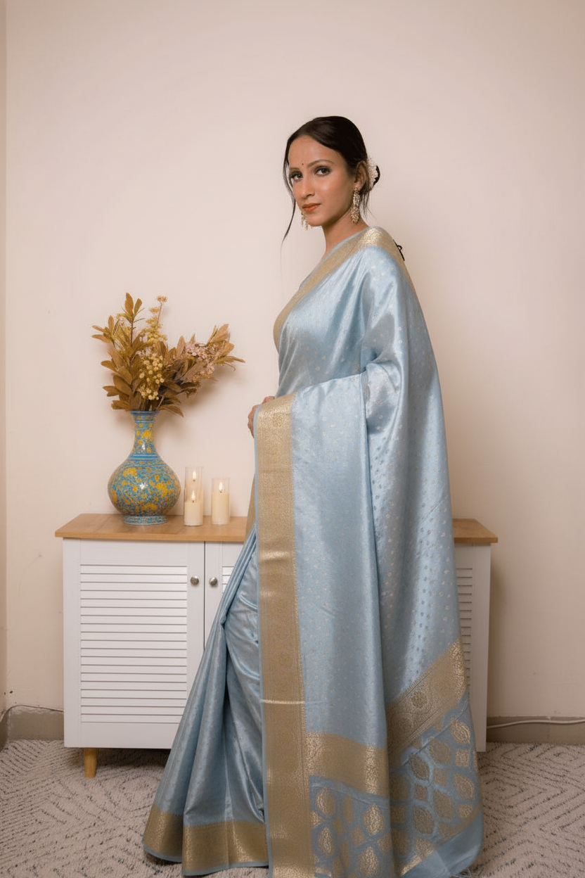 Peach Banarasi Silk Saree with Gold Zari Border, all over Buti with swarovski — powder_blue - 5