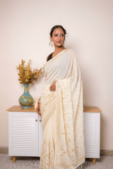 Wine Embroidered Georgette Saree with tiny flower Buti and swarovski — ivory - 5