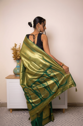 Teal-Gold Paithani Silk Saree with Zari Brocade — green - 6