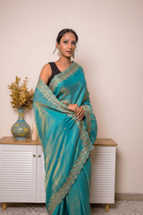 Pink-Copper Crush Tissue Silk Saree with Embroidered Border — blue - 6