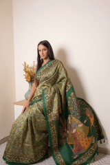 Elegant Madhubani Tussar Silk Saree — green - 6