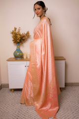 Peach Banarasi Silk Saree with Gold Zari Border, all over Buti with swarovski — coral_pink - 6