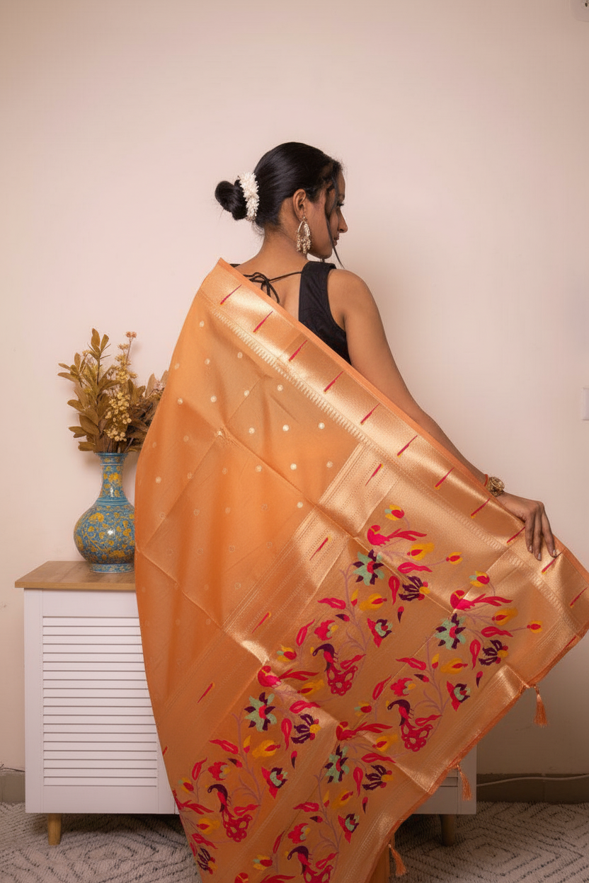 Sage Green Paithani Silk Saree with Gold Zari Pallu — mustard_yellow - 6